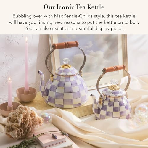 Image of MACKENZIE-CHILDS Tea Kettle, 3 Quarts, Purple-and-White Violet Check