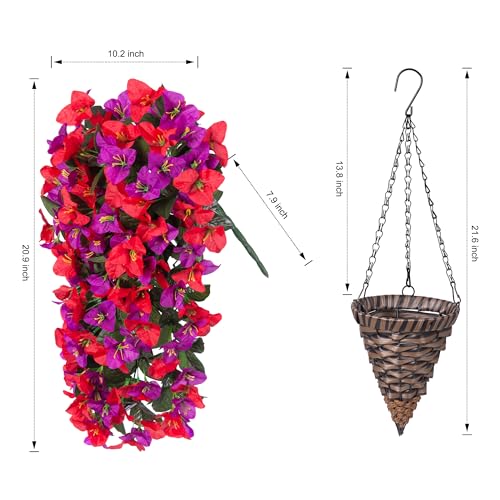 Image of INSPRING Artificial Bougainvillea Faux Flowers Plants Baskets for Outdoor Outside Decoration, 3PCS Fake Silk Flowers Long Trailing Vines UV Resistant Realistic for Front Door Porch Patio (PurpleRed)
