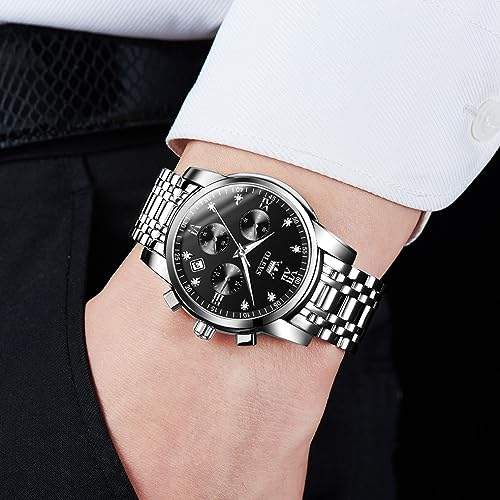 OLEVS Men's Stainless Steel Chronograph Watch, Big Face Gold Silver Black Tone Easy to Read Analog Quartz Watch, Luxury Waterproof Date Diamond Roman Arabic Numerals Dial Dress Watch for Men3