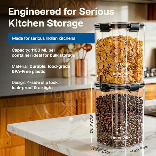 Image of HomeWiz Air-Tight Kitchen Storage Containers Set of 8 (1200 ML Each) | Transparent Plastic Boxes for Fridge, Pantry & Home Organization | Food Grade, Multi-Purpose Storage | Storage Box