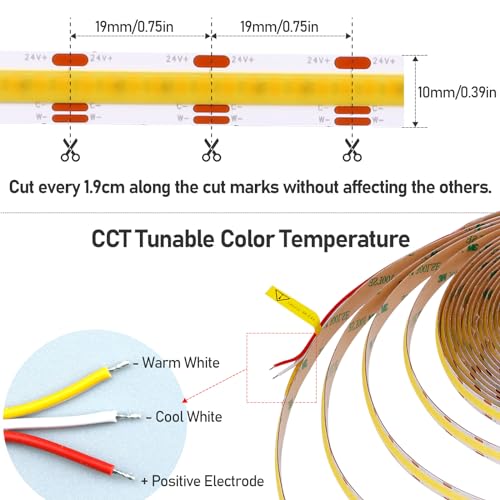 Image of GOMING 24V 10M(32.8ft) CCT COB LED Strip 2700K-6500K Tunable White 624LED /M CRI 93+ Flexible IP20 Not Waterproof LED Tape Lights for Bedroom Home Decor(Controller and Power Supply Not Included)