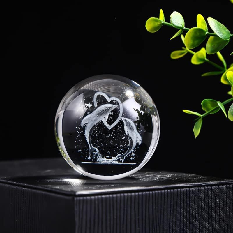 Image of 3D Crystal Ball LED Night Lamp with Wooden Base | Warm Light Bedside Table Lamp for Bedroom, Living Room, Kids Room, Study, Home Decoration & Gifting (Dolphine Heart)
