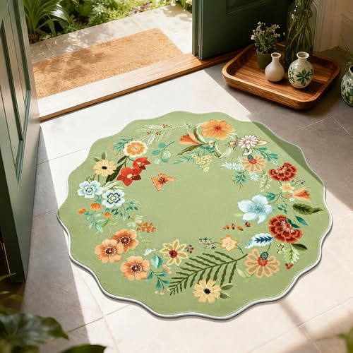 Tapete redondo floral Asrug 3ft bajo pelo verde miniatura 1