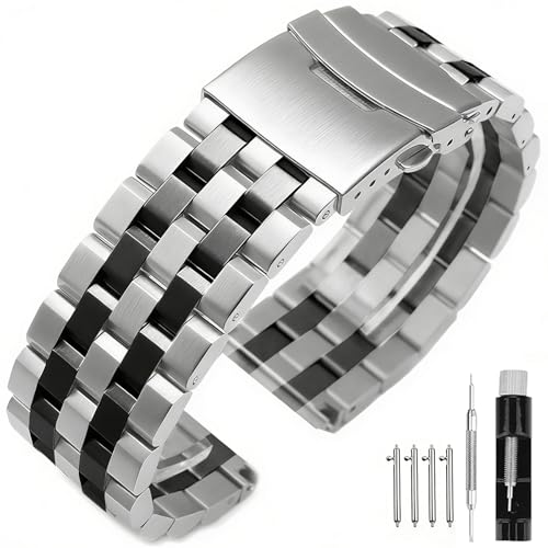 Image of Brushed Metal Watch Bands for Men Women Solid Stainless Steel Watch Band 18 /20 /22 /24 /26mm Watch Bracelet Strap Deployment Double Lock Deployment Buckle Black Silver Blue Gold
