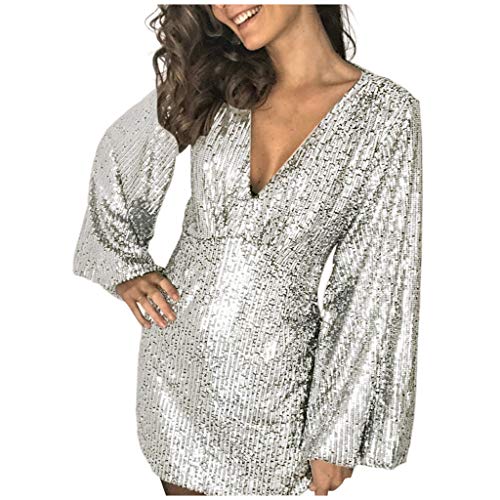 aihihe Sexy Dresses for Women Clubwear Sparkle Sequin Mini Bodycon Dress Wrap Deep V Neck Long Sleeve Cocktail Dress Silver
