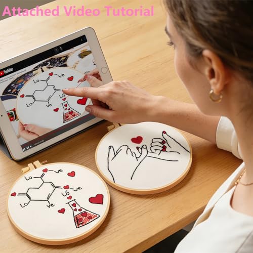 Image of Valentine's Day Embroidery Kits for Beginners Adults, Romance Love Heart Embroidery Needlepoint Kits, Hand Stamped Cross Stitch Kits for Beginners Adults, 2 Embroidery Hoops (Attached Video Tutorial)