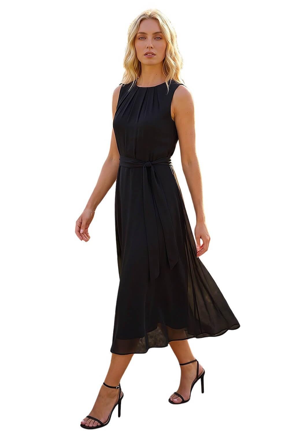 Roman Originals Women's Black Roman Animal Print Pleated Chiffon Dress For Uk Spring Everyday Summer Holiday Round Neckline Comfy Sleeveless Soft Fit & Flare Frock Midi Length Gowns