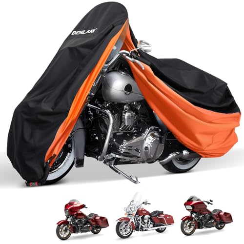 Image of Benlari Upgraded Waterproof Motorcycle Cover with Side Box Compatible with Harley Davidson Touring Models Street Glide /Road Glide /Electra Glide /Honda, Outdoor All Weather Protection (107 inch x 43 inch x 50 inch)