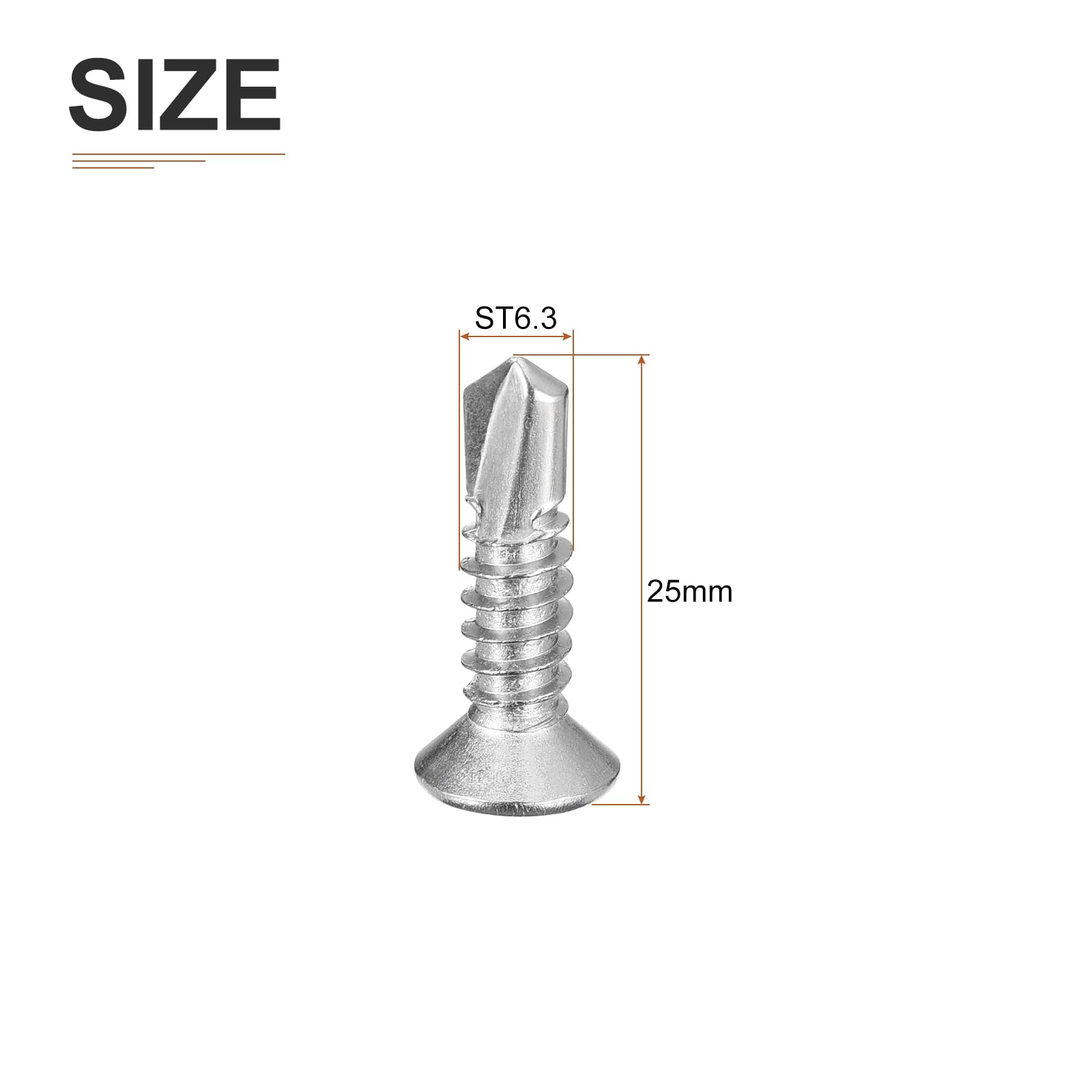 DTGN 100Pcs ST6.3x25mm Self Drilling Screws, 410 Stainless Steel Flat Head Phillips Sheet Metal Screw - Image 2