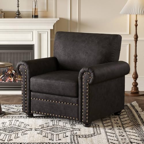 ONBRILL Nailhead Trim Accent Chair, Faux Leather Club Chair for Living Room, Comfy Armchair with Springs Cushions & Solid Wood Legs, Traditional Rolled Arms Single Sofa for Bedroom, Apartment, Black