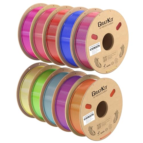 Image of Gratkit Silk Tri-Color PLA Filament,Coextrusion PLA Filament 1.75mm, + /-0.03mm, 10 * 1KG /Roll, Silk PLA 10KG Bundle Multicolor