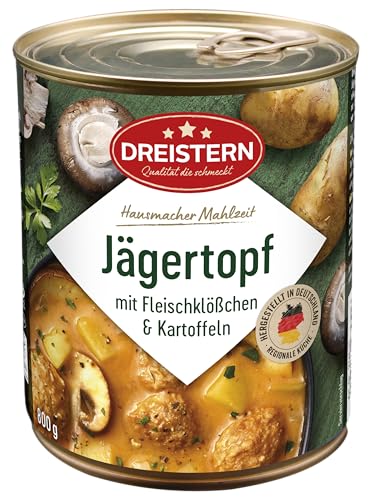 DREISTERN Jägertopf 800g – Deftiger Eintopf mit Fleischklößchen, Kartoffeln & Champignons in würziger Jägersoße – Hausmacher Qualität, schnell zubereitet & lange haltbar