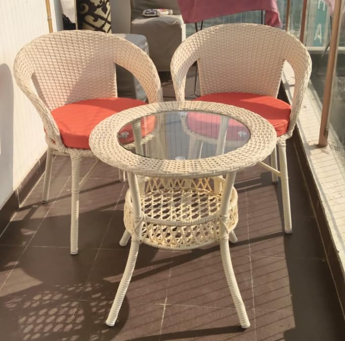 Image of India Garden Patio Seating Chair and Table Set Outdoor Balcony Garden Coffee Table Set Furniture with Table and Chairs Set (Cream with Orange Cushion 2+1)