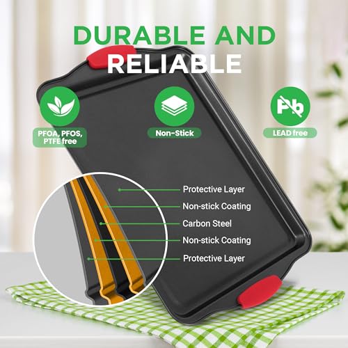 NutriChef 3-Piece Nonstick Kitchen Oven Baking Pans - Premium & Stylish Non-Stick Steel, Commercial Grade Restaurant Quality Metal Bakeware with Red Silicone Handles - Easy to Clean, NCSBS3S image 4