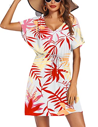 Image of Ekouaer Womens Swimsuit Coverup Short Sleeve Beach Cover Up Dress V Neck Bikini Beachwear