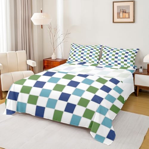 Image of Erosebridal Blue Green Checkered Sheet Set Full Navy Teal White Grids Plaid Bed Sheets Geometric Buffalo Gingham Bedding for Kids Boys Girls,Modern Fashion Bed Sheets Set 4 Piece