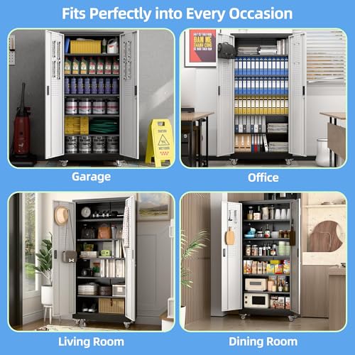 Image of Aobabo Upgraded Garage Storage Cabinets with Wheels,Metal Storage Cabinets with 5 Adjustable Shelves for Garage Home Office Storage, Black&Silver,71''H*32''W*16''D,Assembly Required