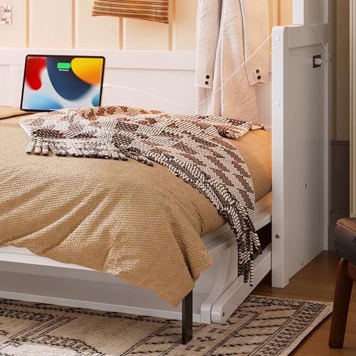Image of KEIKI Full Size Horizontal Cabinet Murphy Bed with Desk, Solid Slats, White