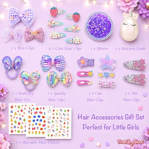 Kit de Accesorios para el Pelo para Niñas - Set de Accesorios para Niñas de 4 a 8 años, Clips de Pelo Morados, Horquillas, Ligas de Mariposa, Espejo y Peine de Unicornio miniatura 3