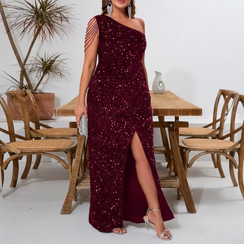 Image of Cololura Women Sequin Elegant Sexy One Shoulder Tassel Mermaid Bodycon Cocktail Evening Dress