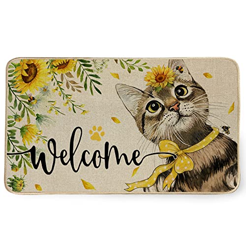 Geeory Sunflower Cat Welcome Decorative Door Mat Summer Floor Mat Farmhouse Home Seasonal Decor For Frontdoor Indoor Outdoor Entrance - 17X29Inch Gk016 #TOP3