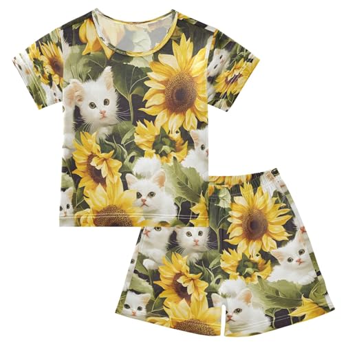 senya Short Sleeve Pajamas Sets Summer Cotton Sleepwear White Cat Sunflowers