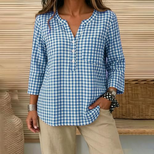 Plaid Shirts for Women V Neck Henley 3/4 Sleeve Henley Gingham Tops - image 3