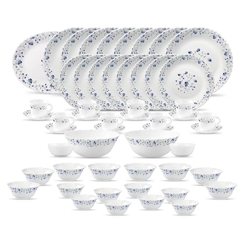 La Opala Diva Classique Collection Opal Glass Crockery | for Family of 8 | Dinner Set 53 pcs Blue Mystique | Plates, Bowls & Cups for Dining | Microwave Safe | 100% Vegetarian | Extra Strong | White