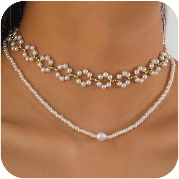 2Pcs Statement Beaded Pearls Flower Gold Choker Charm Necklace for Women Trendy, Dainty Cute Beads Pearl Floral Chain Necklaces Y2k Aesthetic Jewelry