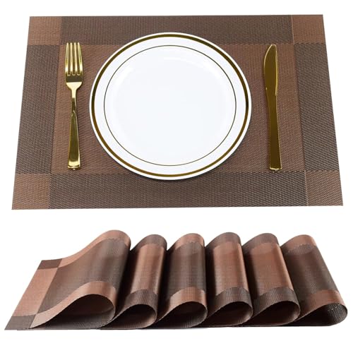 FIDEO (Brown) Premium PVC Dining Table Placemats Set of 6 | Heat Resistant | Non Slip | Washable Woven Vinyl Table Mats | Stain Resistant Surface Protector for Kitchen Dining Room | 45 x 30 cm