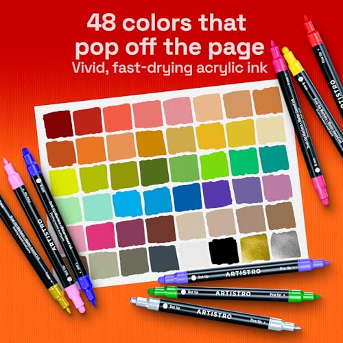 Image of ARTISTRO 48 Precision Dual-Tip Acrylic Paint Markers - Paint Pens Set with Dot & Fine Tips for Fabric, Rock, Glass, Wood, Coloring Books - Arts & Crafts Gift - Classroom Must Haves & School Supplies