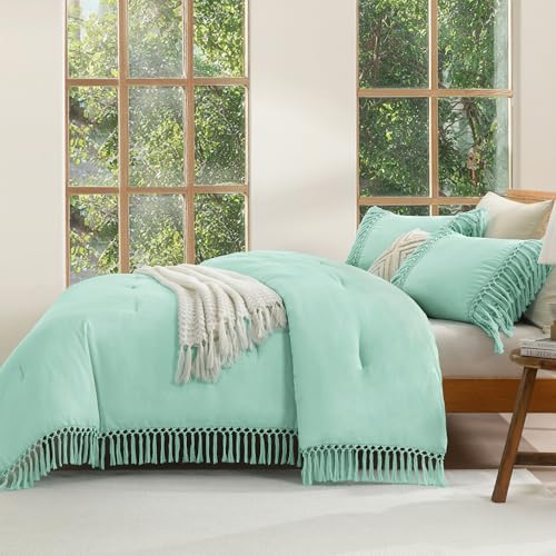 Image of Andency Queen Comforter Set Mint, 3 Pieces Boho Lightweight Fall Bedding Comforter Sets, Tassel Bed Set (90x90In Comforter & 2 Pillowcases)