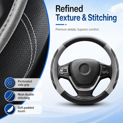 Image of Elantrip Sport Leather Steering Wheel Cover 14 1 /2 inch to 15 inch Universal, Padded Soft Grip Breathable for Car Truck SUV Jeep, Anti Slip Odorless Black and Gray