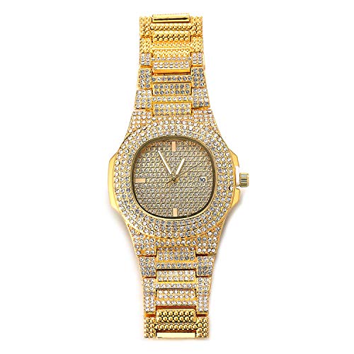 Relojes Hombre Baratos Halukakah Reloj de Oro Hombres Iced out,Chapado en Oro Real de 18k Pulsera de Cuarzo 9.5'(24cm),Cz Completo Diamante de...