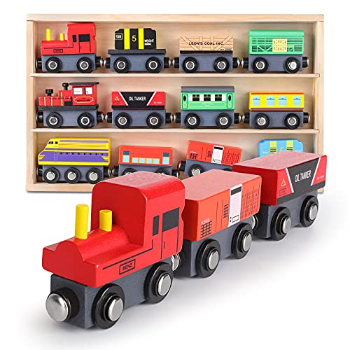 DeXop Wooden Train Cars Train Toys (12 Pcs) Magnetic Train Set for Toddlers Kids Boys and Girls Wooden Train Tracks Compatible with Thomas