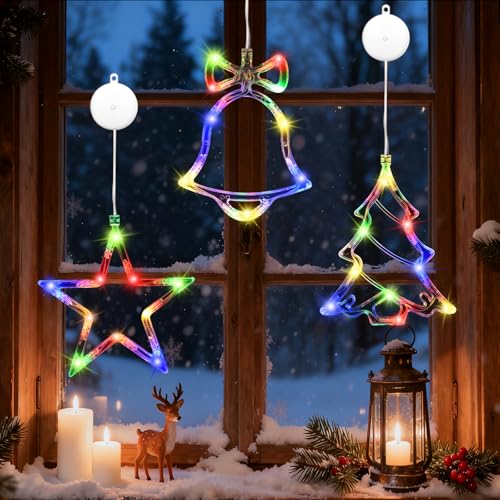 IWTBNOA Luces de Ventana de Navidad, 3 unidades, árbol de Estrellas, Campana, Luces LED de Colores, Decoración Navideña con Ventosas, Cadena de luces Interiores Exterior para Balcón