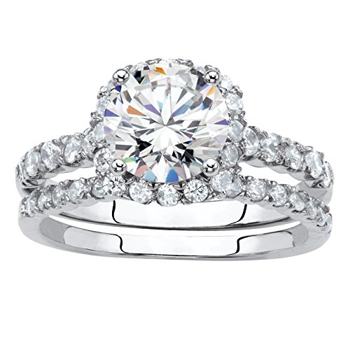 Palm Beach Jewelry Silvertone Round and Pave Cubic Zirconia 2 Piece Halo Bridal Ring Set Size 6