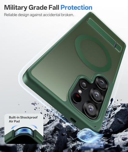 Image of Vihibii PC,Silicone For Samsung Galaxy S25 Ultra Magnetic Back Cover With Kickstand,[Compatible With Magsafe],Rugged Shockproof Protective Back,Translucent Matte Slim Phone Case For 6.9 inch,Green
