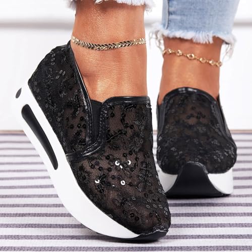 Fashion Sneakers for Women 2025, Floral Embroidery Breathable Sheer Mesh Lace Slip on Platform Wedge Sneakers Lightweight Comfortable Casual Walking Shoes2