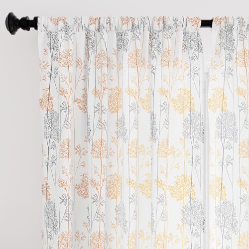 Image of Encasa XO Window Printed Sheer Curtains, Light Filtering Orange Branches