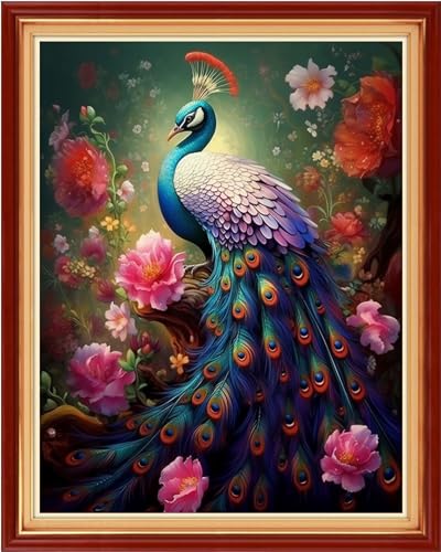 Image of Dooxvey Cross Stitch Kit for Adult Beginners - Full Range of Stamped Kits with 11CT Patterns - Flower Peacock Design, 16x20 inch