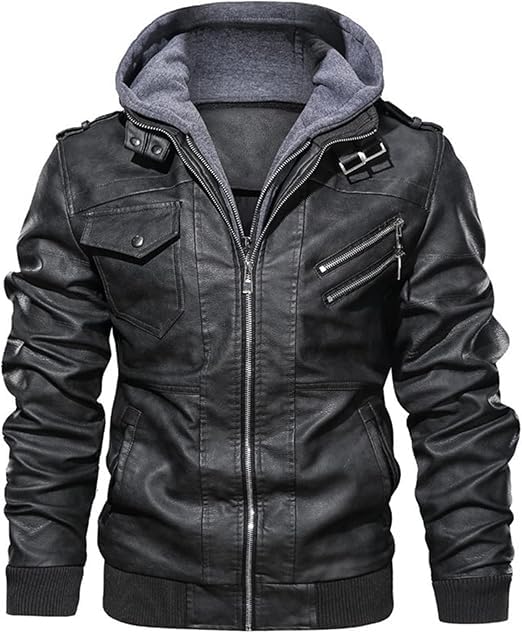 Men's Grey Stand Collar Zip-Up Motorcycle Bomber Jacket - 100% Genuine Cowhide Leather with Removable Hood