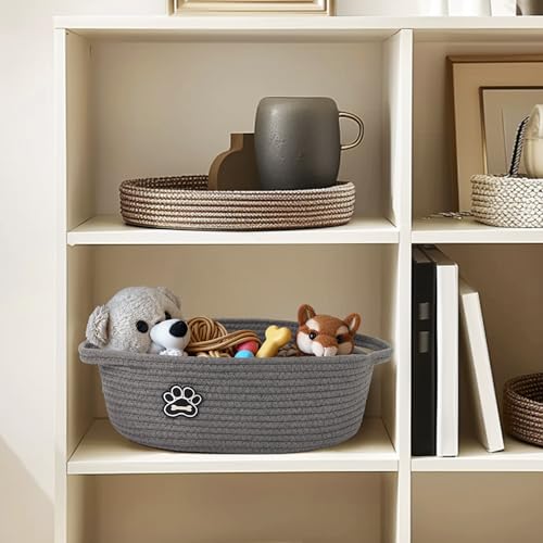Small Dog Toy Basket, Soft Cotton Rope Dog Cat Toy Bin, Woven Storage Holder for Living Room Nursery, Cats Pet Gift Basket Empty, Decorative Wicker Storage Box with Handle, 13"x 9"x 5" (Grey) - Image 6