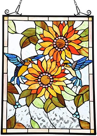 Capulina Sunflower and Birds Large Stained Glass Panels Window Hangings Tiffany Glass Traditional Art Handicrafts for Home Decor Gifts