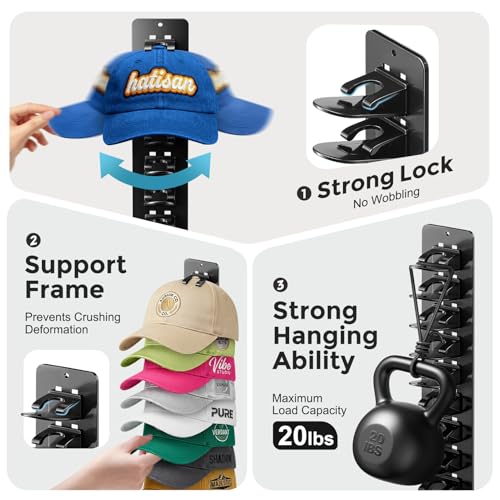 4 Pack Hat Organizer for Baseball Caps, Detachable DIY Hat Rack for Wall Hat Holder Hold up to 44 Hats, Baseball Cap Organizer Cap Holder Hat Hangers for Wall Closet Door Bedroom(4pcs,Black) - image 7