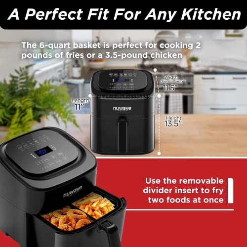 This is a picture of a product for sale called Nuwave 6-quart Brio Healthy Digital Air Fryer with One-Touch Digital Controls,  6 Preset Menu Functions & Removable Divider Insert,  Black