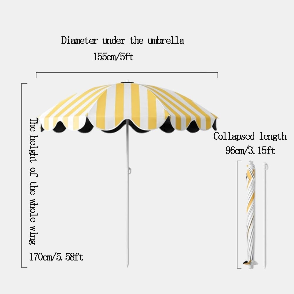 Ombrellone portatile regolabile a righe gialle, stile boho, con bordo smerlato, da 1,5 m, per esterni, spiaggia, patio, giardino, mercato, tavolo.