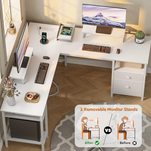 Image of Furologee White 59 inch L Shaped Desk with Power Outlet, Reversible Computer Desk with File Drawer & 2 Monitor Stands, Corner Home Office Table with Storage Shelves for Gaming Writing