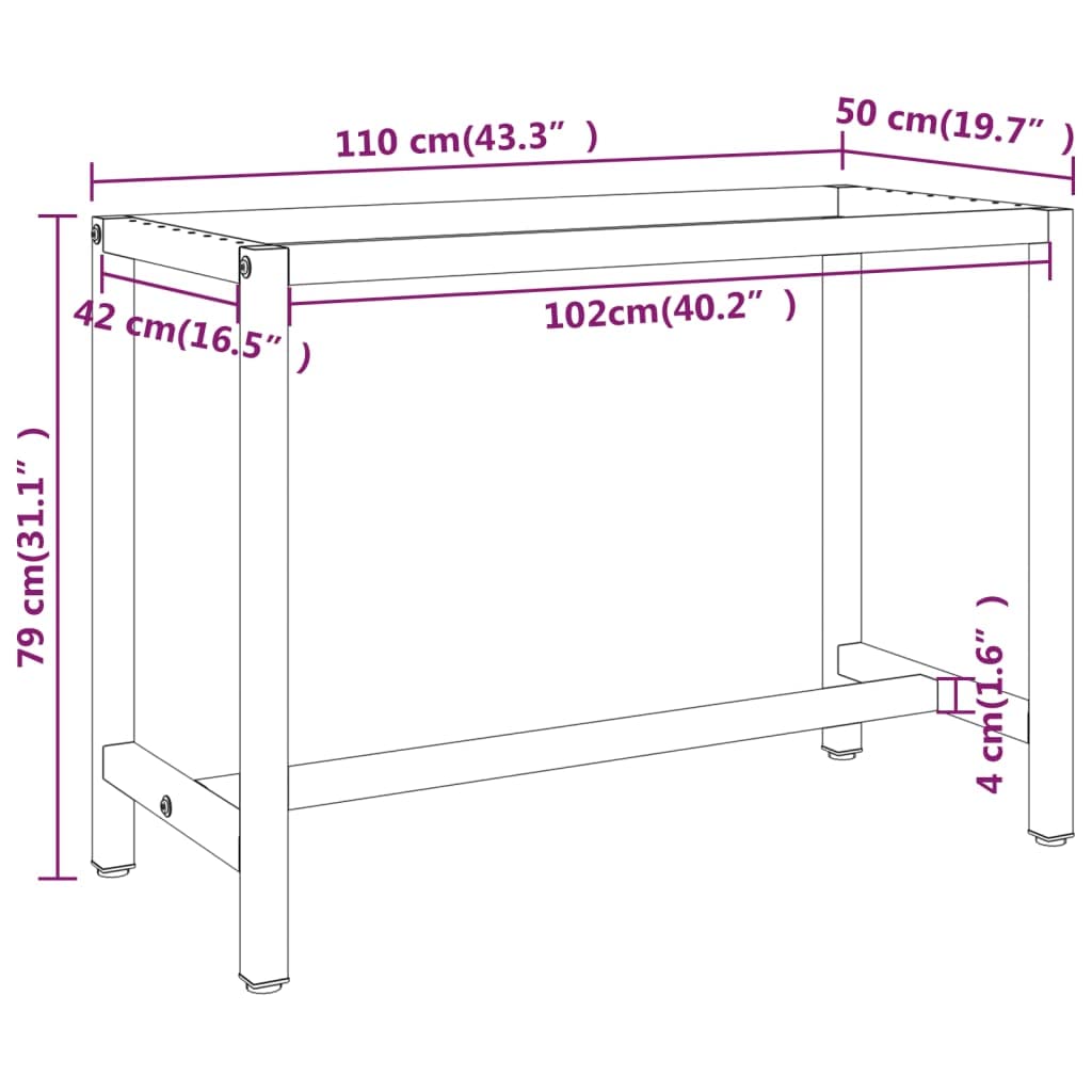 Estructura de metal para banco de trabajo, color negro mate, 110 x 50 x 79 cm, con agujeros preperforados, estructura de mesa estable para banco de trabajo, cómoda, armario, accesorios de