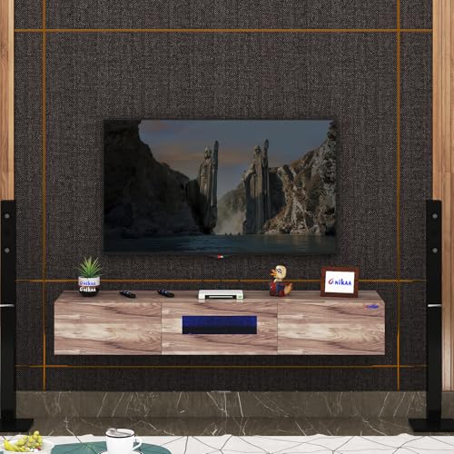 Image of Anikaa Lucen Wall Mount Modern Floating TV Unit for Living Room | 3 Closed Storage cabinets with hinged Door - Blue Color LED Light | Ideal for UP to 65 Inch TV (Walnut Finish - DIY